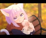  1girl :3 :q ahoge animal_ears autumn bangs baozi blush cat_ears cat_girl cat_tail eating food hair_between_eyes highres hololive letterboxed long_sleeves looking_at_viewer nekomata_okayu on_bench pon_kichi purple_hair red_scarf scarf short_hair sitting sleeve_cuffs solo tail tongue tongue_out upper_body violet_eyes virtual_youtuber 
