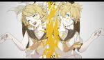 1boy 1girl bangs bare_shoulders blonde_hair blue_eyes bow collar crypton_future_media eiku grey_background hair_bow hair_ornament hairclip highres holding_hands kagamine_len kagamine_rin letterboxed looking_at_viewer midriff_peek navel neckerchief open_mouth parted_lips piapro sailor_collar shirt short_hair short_sleeves sleeveless sleeveless_shirt smile upper_body vocaloid white_bow white_shirt yellow_neckwear 