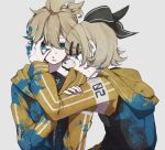  1boy 1girl bangs black_bow blonde_hair blue_eyes bow crypton_future_media eiku grey_background hair_between_eyes hair_bow hair_ornament hairclip hand_on_another&#039;s_arm hand_on_another&#039;s_face hood hood_down hoodie hug kagamine_len kagamine_rin looking_at_viewer paint paint_splatter piapro shirt short_hair siblings twins vocaloid yellow_hoodie 