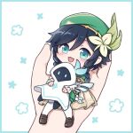  1boy androgynous bangs barbatos_(genshin_impact) beret black_hair blue_hair blush braid cape chibi cloak detached_wings elemental_(creature) eyebrows_visible_through_hair flower flower_(symbol) frilled_sleeves frills genshin_impact giant_hand gradient_hair green_eyes green_headwear green_shorts hair_flower hair_ornament hat hood hood_up hooded_cloak hug kagamine_ran long_sleeves looking_at_viewer male_focus multicolored_hair open_mouth pantyhose short_hair_with_long_locks shorts simple_background smile solo_focus twin_braids venti_(genshin_impact) white_background white_flower white_legwear wings 