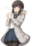  1girl bangs baozi black_hair black_legwear blue_ribbon blue_skirt blush commentary_request cowboy_shot eyebrows_visible_through_hair food food_in_mouth fubuki_(kancolle) fur-trimmed_jacket fur_trim green_eyes green_sailor_collar grey_jacket hair_tie highres holding holding_food jacket kantai_collection long_sleeves mouth_hold nakamura_sumikage neck_ribbon open_clothes open_jacket pantyhose pleated_skirt ponytail ribbon sailor_collar school_uniform serafuku shirt sidelocks simple_background skirt solo standing steam sweat white_background white_shirt 