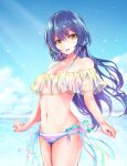  1girl :d absurdres bangs bare_shoulders bikini blue_hair blue_sky blush breasts clouds collarbone day hair_between_eyes head_tilt highres long_hair looking_at_viewer love_live! love_live!_school_idol_project navel ocean open_mouth outdoors see-through side-tie_bikini sky small_breasts smile solo sonoda_umi striped striped_bikini sunlight swept_bangs swimsuit swimwear tanaka212 water_drop yellow_eyes 