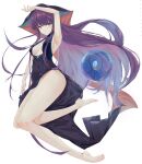  1girl :3 armpits bangs bare_shoulders barefoot black_dress blue_eyes blunt_bangs breasts center_opening china_dress chinese_clothes dress eyelashes fate/grand_order fate_(series) hand_up hime_cut jitome katachi_noboru_nishikino light_smile long_hair medium_breasts purple_hair side_slit sidelocks simple_background smile solo thick_thighs thighs toe_scrunch under_boob very_long_hair white_background yang_guifei_(fate) 