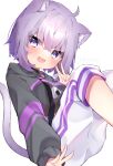  1girl animal_ear_fluff animal_ears asymmetrical_legwear bangs black_hoodie blush breasts cat_ears cat_tail eringikinono eyebrows_visible_through_hair highres hololive hood hoodie medium_breasts nekomata_okayu open_mouth pants purple_hair short_hair solo suspenders sweatpants tail v violet_eyes virtual_youtuber white_background white_pants 