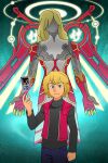  1boy armor blonde_hair blue_eyes card gloves guilhermerm highres looking_at_viewer male_focus monado persona short_hair shulk_(xenoblade) simple_background smile spoilers super_smash_bros. sword vest weapon wings xenoblade_chronicles xenoblade_chronicles_(series) 