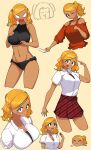  1girl :3 absurdres angry bikini black_bikini black_eyes blonde_hair blush breasts closed_eyes dark_skin dark-skinned_female eyebrows_visible_through_hair highres holding holding_hands komi-san_wa_komyushou_desu large_breasts manbagi_rumiko one_eye_closed open_mouth ponytail red_shirt red_skirt shirt side_ponytail skirt smile sweat swimsuit thighs twintails white_shirt 