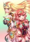 2girls bangs bare_legs bare_shoulders black_gloves blonde_hair breasts chest_jewel cleavage_cutout clothing_cutout dress earrings elbow_gloves fingerless_gloves fukadumeasadume gloves highres jewelry large_breasts long_hair mythra_(xenoblade) pyra_(xenoblade) red_eyes red_legwear red_shorts redhead short_dress short_hair short_shorts shorts swept_bangs thigh-highs thigh_strap tiara very_long_hair white_dress white_gloves xenoblade_chronicles_(series) xenoblade_chronicles_2 yellow_eyes 