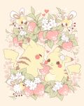  anniversary berry berry_(pokemon) closed_eyes commentary cutiefly english_commentary flower flying gen_1_pokemon gen_7_pokemon heart holding leaf looking_at_another no_humans pikachu pokemon pokemon_(creature) samantha_whitten smile watermark white_flower 