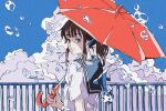  1girl bang blue_eyes brown_hair bubble clouds finger_gun fish highres ichigoame looking_at_viewer original ponytail scenery sky surreal umbrella underwater 