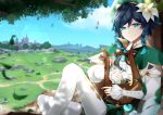 1boy absurdres androgynous argyle argyle_legwear asahi_(vjss4548) bangs beret black_hair blue_hair blurry blurry_foreground bow braid brooch building cape closed_mouth clouds cloudy_sky collared_cape corset day eyebrows_visible_through_hair flower frilled_sleeves frills gem genshin_impact gradient_hair green_eyes green_headwear green_shorts hair_flower hair_ornament hat highres holding holding_instrument instrument jewelry leaf long_sleeves looking_at_viewer lyre male_focus multicolored_hair outdoors pantyhose road shirt short_hair_with_long_locks shorts sky smile solo tree tree_shade twin_braids venti_(genshin_impact) vision_(genshin_impact) white_flower white_legwear white_shirt 