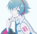  1boy aqua_eyes bangs bare_shoulders black_sleeves blue_eyes blue_hair blue_neckwear collared_shirt crypton_future_media detached_sleeves eiku eyebrows_visible_through_hair genderswap genderswap_(ftm) grin hair_ornament hatsune_miku hatsune_mikuo headphones headset highres jewelry looking_at_viewer necktie piapro ring shirt short_hair shoulder_tattoo sleeveless sleeveless_shirt smile solo tattoo upper_body vocaloid 