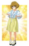  1girl bangs blue_eyes blush brown_hair closed_mouth commentary_request eyebrows_visible_through_hair full_body glasses highres ichinose_minori kousuke0912 precure shoes short_hair skirt socks solo standing tropical-rouge!_precure yellow_footwear yellow_skirt 