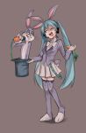 1boy 1girl animal_ears bangs belt blue_eyes blue_hair bow bowtie brown_background bugs_bunny bunny_tail collared_shirt crossover full_body gloves hair_between_eyes hat hatsune_miku headphones headset highres himuhino holding holding_clothes holding_hat long_hair looking_at_another looney_tunes microphone miniskirt open_mouth purple_legwear rabbit_ears raised_eyebrow shirt simple_background skirt suit_jacket tail thigh-highs top_hat twintails very_long_hair vocaloid whiskers white_gloves white_neckwear white_shirt white_skirt zettai_ryouiki