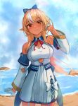  1girl beach blonde_hair bow breasts commentary cowboy_shot dark-skinned_female dark_skin detached_sleeves dress elf gloves half_gloves highres hololive large_breasts long_hair ocean orange_eyes phos pointy_ears ponytail shiranui_flare smile solo virtual_youtuber white_dress 