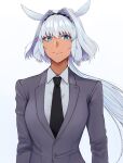  1girl alternate_costume animal_ears black_neckwear blue_eyes caenis_(fate) expressionless fate/grand_order fate_(series) grey_jacket greyscale hair_intakes highres jacket long_hair looking_at_viewer monochrome rasuku shirt solo upper_body white_background white_hair white_shirt 