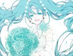  1girl aqua_eyes aqua_hair bangs blue_flower blue_rose bouquet crypton_future_media detached_collar detached_sleeves earrings eiku eyebrows_visible_through_hair floating_hair flower hatsune_miku highres holding holding_bouquet jewelry long_hair looking_at_viewer open_mouth piapro rose shirt sleeveless sleeveless_shirt smile solo twintails upper_body very_long_hair vocaloid white_background 