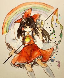  ascot bow brown_eyes brown_hair closed_mouth detached_sleeves frilled_bow frills gohei hair_bow hair_tubes hakurei_reimu key747h long_hair looking_at_viewer rainbow red_bow red_skirt ribbon-trimmed_sleeves ribbon_trim skirt smile touhou traditional_media unconnected_marketeers watercolor_(medium) wide_sleeves 