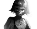  1girl bangs black_dress blunt_bangs character_request collared_shirt copyright_request dress glasses greyscale highres kuroi_enpitsu looking_to_the_side monochrome shaded_face shirt short_hair smile solo upper_body 