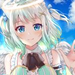  1girl angel angel_wings artist_request black_neckwear blue_eyes bow bowtie clouds collarbone detached_collar detached_sleeves dress english_commentary floating_hair gradient_hair green_dress green_eyes green_hair halo highres indie_virtual_youtuber mint_fantome multicolored_hair open_hand silver_hair sky solo tearing_up two_side_up virtual_youtuber waving wings 