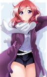  1girl :o adjusting_hair arm_behind_back belt black_skirt blue_background blush border coat commentary_request grey_shirt highres jewelry kirisaki_reina looking_at_viewer love_live! love_live!_school_idol_project medium_hair miniskirt necklace nishikino_maki purple_coat redhead scarf shirt skirt solo thighs violet_eyes white_belt white_border white_scarf winter_clothes winter_coat 