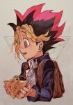  1boy backpack bag belt black_hair blonde_hair blue_jacket collared_shirt hankuri hankuri jacket male_focus millennium_puzzle multicolored_hair mutou_yuugi open_mouth pink_hair shirt solo upper_body white_shirt yu-gi-oh! yu-gi-oh!_(toei) yu-gi-oh!_duel_monsters 