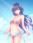  1girl :d absurdres bangs bare_shoulders bikini blue_hair blue_sky blush breasts clouds collarbone day hair_between_eyes head_tilt highres long_hair looking_at_viewer love_live! love_live!_school_idol_project navel ocean open_mouth outdoors side-tie_bikini sky small_breasts smile solo sonoda_umi striped striped_bikini sunlight swept_bangs swimsuit swimwear tanaka212 water_drop yellow_eyes 