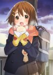  1girl bag bangs blue_jacket blush booota brown_eyes brown_hair clouds commentary_request food grey_skirt hair_ornament hairclip hands_up highres hirasawa_yui holding jacket k-on! long_sleeves mittens open_mouth outdoors pleated_skirt scarf school_bag short_hair signature skirt smile solo standing 