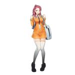  1girl blush breasts choney dress full_body last_origin looking_at_viewer necktie official_art one_eye_closed one_side_up open_mouth orange_dress orangeade_(last_origin) pink_hair redhead see-through smile solo thigh-highs transparent_background violet_eyes white_legwear 
