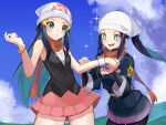  +_+ 2girls :&lt; beanie black_legwear blue_eyes blush bracelet closed_mouth clouds commentary_request hikari_(pokemon) day dress eyelashes female_protagonist_(pokemon_legends:_arceus) hand_on_another&#039;s_arm hat head_scarf highres jewelry katwo long_hair multiple_girls outdoors pantyhose pokemon pokemon_(game) pokemon_dppt pokemon_legends:_arceus ponytail scarf short_dress sidelocks sky sleeveless sleeveless_dress sparkle sweatdrop translation_request undershirt white_headwear 