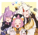  animal_ear_fluff animal_ears bare_shoulders black_gloves blush cat_ears cat_girl cat_tail chinese_clothes diona_(genshin_impact) duplicate genshin_impact gloves hair_cones hair_ornament hairpin hinagi_(fox_priest) kemonomimi_mode keqing_(genshin_impact) long_hair ningguang_(genshin_impact) open_mouth paw_pose paw_print pink_hair purple_hair red_eyes short_hair smile tail twintails violet_eyes white_hair 