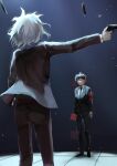  2boys absurdres bangs black_jacket black_neckwear black_pants closed_mouth commentary_request dangan_ronpa_(series) feet_out_of_frame formal from_behind full_body grey_hair gun hand_up highres hinata_hajime hodling holding holding_gun holding_weapon jacket kabedan_(yasai_oisidaro) komaeda_nagito long_sleeves looking_at_another male_focus multiple_boys necktie pants red_eyes shirt short_hair spoilers standing super_dangan_ronpa_2.5_komaeda_nagito_to_sekai_no_hakaimono tile_floor tiles weapon 