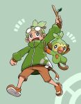  1boy :d arm_up belt brown_footwear brown_shorts clenched_hand commentary_request fangs gen_8_pokemon glasses green_eyes green_hair green_jacket grookey hair_ornament hair_stick holding holding_stick jacket leaf long_sleeves mabu_(dorisuto) male_focus open_mouth pokemon pokemon_(creature) shoes short_hair shorts smile starter_pokemon stick tongue yellow-framed_eyewear 