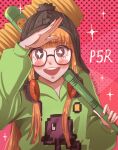  +_+ 1girl absurdres arm_up bangs beanie black_headwear blush eyebrows_visible_through_hair glasses green_hoodie hammer happy hat headphones headphones_around_neck highres holding hood hoodie inflatable_toy long_hair macalbahaca nail_polish open_mouth orange_hair persona persona_5 persona_5_the_royal pink_background pixel_art sakura_futaba salute simple_background smile star_(symbol) teeth violet_eyes 