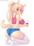  1girl :p animal_ear_fluff animal_ears ass bangs blonde_hair blush breasts cat_ears cat_tail commentary cutoffs denim denim_shorts english_commentary eyebrows_visible_through_hair from_behind highres kneeling large_breasts long_hair looking_at_viewer nottytiffy original ponytail red_eyes short_shorts shorts slit_pupils smile solo tail tank_top thigh-highs tiffy_(nottytiffy) tongue tongue_out watermark web_address white_background white_legwear 