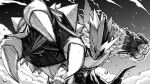  character_request digimon electricity gebogaeru greyscale highres horns looking_at_viewer monochrome motion_blur no_humans open_hand punching single_horn solo white_eyes 