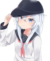  1girl anchor_symbol bangs black_headwear black_sailor_collar blue_eyes closed_mouth collarbone eyebrows_visible_through_hair flat_cap hair_between_eyes hand_on_headwear hand_up hat hibiki_(kancolle) highres kantai_collection long_hair long_sleeves looking_at_viewer neckerchief red_neckwear sailor_collar shirt silver_hair simple_background solo tachibana_(x_quick) upper_body white_background white_shirt 