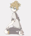  1boy barefoot black_collar black_shorts blonde_hair blue_eyes collar crypton_future_media eiku expressionless full_body grey_background kagamine_len leg_warmers looking_to_the_side male_focus necktie piapro sailor_collar seiza shirt short_ponytail short_sleeves shorts sitting solo vocaloid white_shirt 