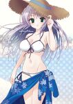  1girl adjusting_clothes adjusting_headwear arm_at_side arm_up bangs bikini blue_sarong breasts brown_headwear collarbone commentary_request cowboy_shot eyebrows_visible_through_hair feena_fam_earthlight front-tie_top green_eyes groin hat highres kuuma25_kuma large_breasts light_purple_hair long_hair looking_at_viewer navel parted_lips polka_dot polka_dot_background print_sarong sarong solo standing stomach straw_hat swimsuit twitter_username white_bikini yoake_mae_yori_ruri_iro_na 