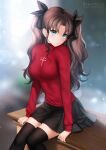  black_hair black_skirt cross fate/stay_night fate_(series) gigamessy pout red_shirt shirt sitting skirt tohsaka_rin twintails 