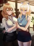  2girls absurdres bare_arms bare_shoulders blonde_hair blue_eyes blush bow breast_press breasts brown_hair button_gap casual choker coffee_mug collared_shirt cowboy_shot cup flower_pot genshin_impact glasses green_eyes hair_bow highres holding_hands id_card indoors interlocked_fingers jean_gunnhildr_(genshin_impact) large_breasts lisa_(genshin_impact) mug multiple_girls office_lady paper pencil_skirt ponytail shirt side_ponytail skirt sleeveless sleeveless_shirt ssb_(nit8921) standing thigh-highs 