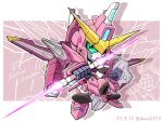  beam_saber character_name chibi clenched_hands dated double-blade floating gundam gundam_seed holding holding_shield holding_weapon justice_gundam mecha mobile_suit science_fiction shield shokkaa_(shmz61312) solo twitter_username v-fin weapon zoom_layer 