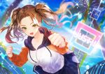  1girl :d bangs blue_skirt blue_sky breasts brown_hair clenched_hands clouds commentary_request day drawstring fitness_boxing forehead gameplay_mechanics green_eyes highres hood hood_down hooded_jacket jacket janice_(fitness_boxing) large_breasts long_sleeves looking_at_viewer open_mouth orange_sleeves otoufu_(gotouhu) palm_tree parted_bangs pleated_skirt skirt sky smile solo standing sweat tree twintails upper_body water_drop white_jacket 