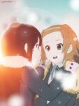  2girls akiyama_mio blue_jacket blue_ribbon blue_sky blurry blurry_background brown_eyes brown_gloves closed_mouth forehead gloves hairband jacket k-on! lens_flare long_hair long_sleeves looking_at_another majorpentatonix multiple_girls open_mouth petting pink_gloves ribbon scarf short_hair signature sky snow snowing tainaka_ritsu violet_eyes winter yuri 