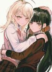  2girls ahoge akamatsu_kaede bangs beamed_eighth_notes black_hair blonde_hair blunt_bangs blush collared_shirt dangan_ronpa_(series) dangan_ronpa_v3:_killing_harmony dutch_angle eighth_note frown hair_ornament hand_on_another&#039;s_head hand_on_another&#039;s_shoulder harukawa_maki highres hug long_hair long_sleeves looking_at_viewer low_twintails mole mole_under_eye multiple_girls musical_note musical_note_hair_ornament necktie nokoru_sora pink_eyes pink_vest pleated_skirt red_eyes red_scrunchie red_shirt sailor_collar school_uniform scrunchie serafuku shiny shiny_hair shiny_skin shirt skirt smile sweater_vest symbol_commentary twintails vest white_shirt 