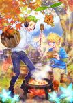  2boys artist_name autumn_leaves blonde_hair boots bowl cooking fire flower green_eyes headphones highres korok link log male_focus multiple_boys otsuichi_(2bro.) outdoors pants pot shirt sitting spoon steam the_legend_of_zelda the_legend_of_zelda:_breath_of_the_wild tongue tongue_out tree tunic white_shirt yoru_(butterflykixx) 