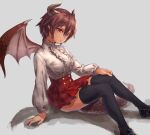  1girl black_legwear breasts brown_eyes brown_hair dragon_girl dragon_horns dragon_tail dragon_wings feet_out_of_frame grea_(shingeki_no_bahamut) hair_between_eyes hand_on_own_knee highres horns pointy_ears shadow shingeki_no_bahamut shirt short_hair simple_background sitting skirt solo tail thigh-highs white_shirt wings yanyan_(shinken_gomi) 