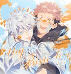  2boys :d bangs black_hair blue_eyes brown_hair facial_mark gojou_satoru hair_between_eyes happy_birthday head_on_another&#039;s_shoulder hood hood_down itadori_yuuji jacket jujutsu_kaisen looking_at_viewer male_focus manerdance multiple_boys open_mouth paint_splatter short_hair smile tongue tongue_out undercut upper_body upper_teeth white_hair white_jacket yellow_eyes 