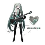  1girl aqua_eyes aqua_hair aqua_neckwear aqua_theme bare_shoulders black_footwear black_skirt boots cable collared_shirt detached_sleeves dot_nose electric_guitar eyebrows_visible_through_hair full_body grey_shirt grey_theme guitar hair_between_eyes hatsune_miku headset heart highres holding holding_instrument instrument konya_karasu_kou legs_apart light_particles limited_palette long_hair looking_at_viewer music necktie open_mouth pale_skin pleated_skirt shiny shiny_footwear shiny_hair shirt simple_background singing skirt sleeveless sleeveless_shirt solo song_name standing thigh-highs thigh_boots tsurime twintails unknown_mother_goose_(vocaloid) very_long_hair vocaloid white_background zettai_ryouiki 