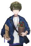  1boy absurdres blue_jacket chyoel closed_mouth green_eyes green_hair highres holding jacket jewelry long_sleeves looking_at_viewer male_focus necklace open_clothes open_jacket original plant potted_plant ring shirt simple_background smile solo white_background white_shirt 