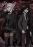  absurdres ahoge bangs belt black_belt black_hair black_jacket black_neckwear black_pants chain collar collared_shirt commentary_request dangan_ronpa_(series) dangan_ronpa_2:_goodbye_despair dangan_ronpa_another_episode:_ultra_despair_girls formal grey_shirt hair_between_eyes hand_up highres holding jacket kabedan_(yasai_oisidaro) kamukura_izuru komaeda_nagito long_hair long_sleeves looking_at_viewer male_focus metal_collar multiple_boys necktie official_alternate_costume open_clothes open_jacket outdoors pale_skin pants red_eyes shirt short_hair standing striped striped_shirt suit very_long_hair white_shirt 